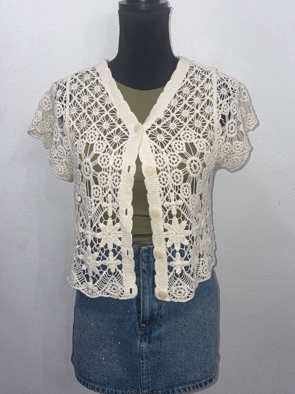 Cream Crochet Short Sleeve Cardigan - Classic Feminine Layer